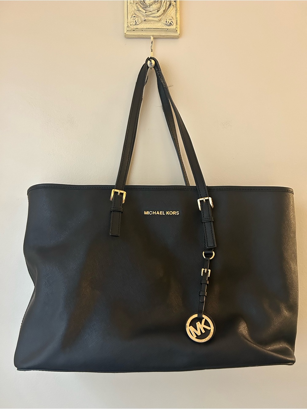 Michael Kors Black Leather Tote with Gold MK Charm